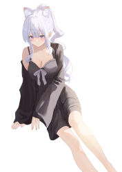 Rule 34 | 1girl, animal ear fluff, animal ears, black dress, breasts, cat ears, cat girl, cleavage, collarbone, commentary request, daily (daily178900), dress, foot out of frame, high ponytail, highres, long hair, medium breasts, original, ponytail, purple eyes, purple ribbon, ribbon, short dress, simple background, sleeves past wrists, smile, solo, white background, white hair