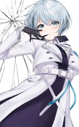 1girl absurdres belt biting biting_glove black_dress black_gloves blue_eyes blue_hair breasts cape chottoomochi dress gloves grey_hair highres jacket large_breasts long_sleeves military_jacket nijisanji open_clothes open_jacket short_hair virtual_youtuber white_background white_belt white_cape white_jacket yukishiro_mahiro yukishiro_mahiro_(4th_costume)