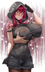 1girl assassin assassin_(camui_kamui) black_gloves black_shorts blood blush borrowed_character breasts cleft_of_venus clenched_teeth disembodied_hand fishnet_pantyhose fishnets gloves grabbing_another&#039;s_breast grabbing_from_behind groping highres huge_breasts long_hair nipples original pantyhose red_eyes red_hair salute shirt shorts shoulder_tattoo sideboob sleeveless sleeveless_shirt t3x tattoo teeth