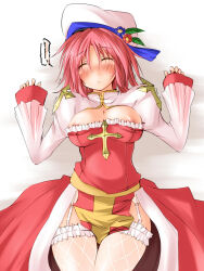 1girl arch_bishop_(ragnarok_online) blue_flower blush breasts cleavage cleavage_cutout closed_eyes closed_mouth clothing_cutout commentary_request cowboy_shot cross dress fishnet_thighhighs fishnets flower frilled_dress frilled_thighhighs frills frown hat hat_flower hat_ornament juliet_sleeves kaminagi_(kaminagi-tei) large_breasts leaf_hat_ornament long_sleeves lying nipple_slip nipples on_back pelvic_curtain pink_hair puffy_sleeves push_down ragnarok_online red_dress red_flower sash short_hair solo tam_(ragnarok_online) thighhighs trembling two-tone_dress white_dress white_hat white_thighhighs yellow_sash