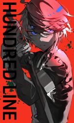 1boy absurdres ahoge blue_eyes closed_mouth english_text highres holding holding_sword holding_weapon looking_to_the_side male_focus red_background red_hair simple_background solo sumino_takumi sword the_hundred_line_-last_defense_academy- upper_body weapon