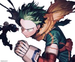 bakugou_katsuki blonde_hair bodysuit boku_no_hero_academia cape dekudash freckles full_body green_bodysuit green_eyes green_hair highres looking_to_the_side male_focus midoriya_izuku running short_hair simple_background superhero_costume white_background yellow_cape