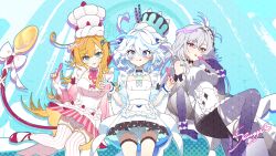3girls :p ahoge apron black_bow blonde_hair bloomers blue_eyes blue_hair blue_nails blush bow breasts chef_hat cream crossed_bangs diamond_(shape) drop-shaped_pupils escoffier_(genshin_impact) food food-themed_hat fruit furina_(genshin_impact) garter_straps genshin_impact grey_hair hair_between_eyes hair_ornament hat heart heart_in_eye heterochromia highres holding holding_food holding_ice_cream holding_spoon ice_cream ice_s_s_z long_hair looking_at_viewer mechanical_tail medium_breasts multicolored_hair multiple_girls nail_polish pink_bow pink_nails prosthesis prosthetic_arm prosthetic_leg red_eyes short_hair sitting skirk_(genshin_impact) small_breasts spoon strawberry striped_clothes striped_thighhighs symbol-shaped_pupils symbol_in_eye tail thighhighs tongue tongue_out top_hat underwear vertical-striped_clothes vertical-striped_thighhighs white_apron white_bow white_hair wrist_cuffs