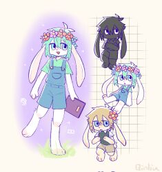 3boys animal_ears barefoot basil_(faraway)_(omori) basil_(headspace)_(omori) basil_(omori) blonde_hair blue_eyes blue_overalls book chibi corrupted_twitter_file dual_persona flower furrification furry green_eyes green_hair green_sweater_vest hair_flower hair_ornament head_wreath highres holding holding_book male_focus multiple_boys omori open_mouth overall_shorts overalls qinliu_cat rabbit_boy rabbit_ears rabbit_tail shirt smile stranger_(omori) sweater_vest t-shirt tail white_eyes white_shirt