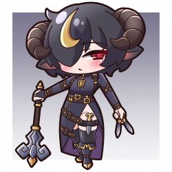 1girl absurdres animal_ears black_boots black_hair black_thighhighs blonde_hair blush boots chibi closed_mouth commentary_request dress fold-over_boots grey_background grey_dress groin hair_over_one_eye highres holding holding_knife holding_mace holding_weapon horns knife looking_at_viewer mace multicolored_hair original red_eyes saishosaisekojo sheep_ears sheep_girl sheep_horns solo streaked_hair thighhighs thighhighs_under_boots weapon