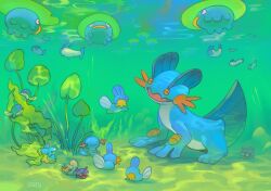 barboach closed_eyes closed_mouth commentary english_commentary gen_1_pokemon gen_2_pokemon gen_3_pokemon gen_4_pokemon gen_5_pokemon green_water highres ieafy kelp lotad mudkip nintendo no_humans open_mouth pokemon pokemon_(creature) poliwag shellder shellos shellos_(east) shelmet signature solid_circle_eyes swampert underwater water wooper