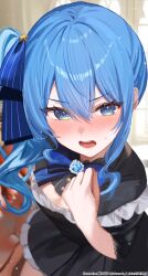 Rule 34 | 1girl, absurdres, asymmetrical sidelocks, black dress, blue bow, blue bowtie, blue eyes, blue gemstone, blue hair, blue ribbon, blurry, blurry background, blush, bow, bowtie, brooch, cleavage cutout, close-up, clothing cutout, commentary request, double-parted bangs, dress, gem, hair between eyes, hair ribbon, hand up, highres, hololive, hoshimachi suisei, indoors, jewelry, looking at viewer, medium hair, nose blush, open mouth, ribbon, sakurada nana, side ponytail, sidelocks, solo, star (symbol), star in eye, symbol in eye, three-quarter sleeves, virtual youtuber