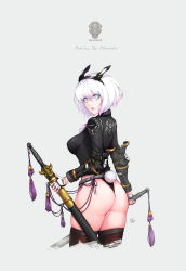 1girl aqua_eyes arm_guards armor artist_name ass black_hairband black_leotard breasts brown_thighhighs clothes_writing copyright_request cropped_legs female_focus fingerless_gloves from_behind gloves hair_between_eyes hairband highleg highleg_leotard highres holding holding_sword holding_weapon leotard looking_at_viewer looking_back medium_breasts parted_lips rabbit_girl rabbit_tail sheath sheathed short_hair shoulder_armor signature solo sword tail tassel thighhighs thong_leotard weapon white_gloves white_hair wookyung