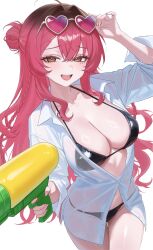 1girl absurdres adjusting_eyewear ahoge arm_up bikini black_bikini braid breasts brown_eyes cleavage collared_shirt commentary_request commission cowboy_shot dress_shirt eyewear_on_head fang gradient_hair hair_bun halterneck hand_on_eyewear heart heart-shaped_eyewear highres holding holding_water_gun korean_commentary large_breasts long_hair long_sleeves looking_at_viewer mole mole_under_eye multicolored_hair mumu_muw no_pants open_mouth original partially_unbuttoned pink_hair see-through_clothes see-through_shirt shirt simple_background smile solo standing string_bikini sunglasses swimsuit thighs very_long_hair water_gun white_background white_shirt
