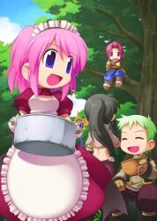 2boys 2girls :d apron archer_(ragnarok_online) black_hair blue_pants blue_sky boots bowl breasts brown_boots brown_capelet brown_gloves brown_pants brown_shirt capelet chibi chibi_only cloud cooking_pot feet_out_of_frame frilled_apron frills full_body gloves green_vest high_ponytail holding holding_bowl holding_cooking_pot kafra_uniform key_visual long_hair long_sleeves mage_(ragnarok_online) maid maid_headdress medium_breasts medium_hair merchant_(ragnarok_online) multiple_boys multiple_girls muneate official_art open_clothes open_mouth open_vest outdoors pants pink_hair ponytail promotional_art puffy_short_sleeves puffy_sleeves purple_eyes ragnarok_online ragnarok_online_kafra_quest riria_(ragnarok_online) shirt short_bangs short_hair short_sleeves sitting sitting_on_branch sky smile standing third-party_source tree two_side_up vest white_apron white_gloves yuichirou