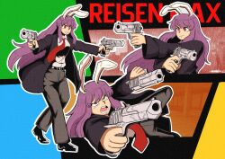 Rule 34 | 1girl, animal ears, belt, dual wielding, dynamic pose, full body, gun, handgun, highres, hikibee, holding, holding gun, holding weapon, jacket, long hair, max payne (series), necktie, open mouth, pants, parody, purple hair, rabbit ears, rabbit girl, red eyes, reisen udongein inaba, shoes, solo, teeth, touhou, weapon