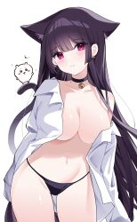 1girl absurdres animal_ear_fluff animal_ears bare_shoulders bell black_choker black_panties blush breasts cat_ears cat_girl cat_tail chiikawa chiikawa_(character) choker cleavage collarbone collared_shirt commentary_request duchi0356 highres jingle_bell large_breasts long_hair long_sleeves looking_at_viewer naked_shirt navel open_clothes open_shirt original panties pink_eyes purple_hair shirt simple_background single_bare_shoulder single_off_shoulder sleeves_past_fingers sleeves_past_wrists smile solo standing stomach string_panties tail thighs underwear very_long_hair white_background white_shirt