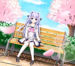 Rule 34 | 1girl, 9-nine-, :d, absurdres, belt, bench, black bow, black shoes, blue eyes, blue sky, blunt bangs, blurry, blush, bow, bowtie, breasts, butterfly hair ornament, buttons, cherry blossoms, commentary request, day, depth of field, double-breasted, dress, dutch angle, falling petals, frilled dress, frills, full body, grey belt, hair bow, hair intakes, hair ornament, hakusen academy school uniform, happy, highres, kousaka haruka, large breasts, lens flare, loafers, loliton, long hair, long sleeves, looking at viewer, on bench, open mouth, outdoors, park bench, petals, pink bow, pink bowtie, pleated dress, polka dot, polka dot bow, purple hair, ribbon, school uniform, shoes, short dress, sidelocks, sitting, sky, smile, solo, spring (season), straight hair, tree, two side up, very long hair, white dress, white ribbon, wooden bench