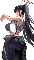 1girl absurdres black_bodysuit black_hair blue_archive blush bodysuit from_behind grey_sports_bra highres holding holding_towel looking_at_viewer official_alternate_costume official_alternate_hairstyle parted_lips partially_undressed ponytail rio_(blue_archive) rio_(bodysuit)_(blue_archive) shiro_marimo sidelocks solo sports_bra sweat towel wiping_sweat