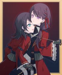2girls ascot bang_dream! bang_dream!_it&#039;s_mygo!!!!! black_ascot black_gloves black_hair black_vest blue_eyes brown_hair closed_mouth coat collar commentary earrings gloves hand_on_another&#039;s_thigh hashtag-only_commentary highres holding holding_leash jewelry leash long_hair multiple_girls open_mouth picture_frame purple_eyes red_coat shiina_taki smile vest yahata_umiri yuri zizoumiao