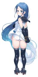 1girl ass black_gloves black_sailor_collar black_shoes black_thighhighs blue_eyes blue_hair breasts closed_mouth commentary dd_(ijigendd) dress elbow_gloves from_behind full_body gloves gradient_hair highres kantai_collection long_hair looking_at_viewer looking_back multicolored_hair panties sailor_collar sailor_dress samidare_(kancolle) shoes simple_background sleeveless sleeveless_dress small_breasts solo thighhighs underwear very_long_hair white_background white_dress white_panties