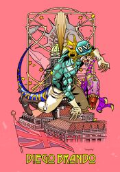 1boy aqua_helmet aqua_sweater argyle_clothes argyle_sweater blonde_hair boots brown_boots building character_name cowboy_boots cracked_skin diego_brando dinosaur dinosaur_tail english_text full_body gloves jojo_no_kimyou_na_bouken long_sleeves male_focus pants patch pink_background scary_monsters_(stand) sharp_teeth solo spurs stained_glass stand_(jojo) star_(symbol) statue_of_liberty steel_ball_run sweater tail tanaka_kaori teeth tongue turtleneck turtleneck_sweater union_jack yellow_eyes yellow_gloves yellow_pants
