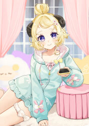 1girl :&gt; animal_ears blue_jacket bow breasts cellphone cleavage closed_mouth collarbone collared_shirt commentary_request curtains drawstring dress_shirt flower hair_bun hair_flower hair_ornament hairclip highres holding holding_phone hololive hood hood_down hooded_jacket horns jacket long_sleeves looking_at_viewer medium_breasts phone pink_bow puffy_long_sleeves puffy_sleeves purple_eyes rino_cnc sheep_ears sheep_girl sheep_horns shirt short_hair sleeves_past_wrists solo swept_bangs tsunomaki_watame tsunomaki_watame_(loungewear) twitter_username virtual_youtuber white_flower white_shirt window yellow_bow