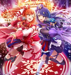 2girls ;d asymmetrical_legwear black_shoes black_sleeves black_thighhighs blue_hair blush brown_eyes commentary_request copyright_notice corset crescent crescent_hair_ornament crown detached_sleeves dress eye_contact gloves hair_ornament haruluna hat high_heels highres holding holding_microphone kirishima_haru kirishima_luna long_hair looking_at_another microphone mismatched_legwear multicolored_hair multiple_girls official_art one_eye_closed open_mouth orange_hair outstretched_arm purple_dress purple_gloves purple_hair red_corset red_gloves shoes smile streaked_hair thighhighs tokeshi two-tone_hair white_crown white_dress white_hat white_sleeves white_thighhighs