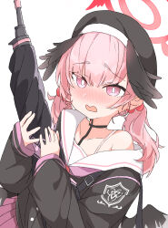 1girl bag beret black_hat black_shirt blue_archive blush body_markings bolt_action bra_strap bright_pupils buttons commentary dutch_angle embarrassed feathered_wings fill_(fill_lemonn) gun hair_between_eyes hair_bobbles hair_ornament halo hands_up hat highres holding holding_weapon koharu_(blue_archive) long_sleeves looking_at_viewer low_twintails low_wings medium_hair multiple_wings nose_blush open_mouth p14_enfield pink_eyes pink_hair pink_skirt pleated_skirt puffy_long_sleeves puffy_sleeves raised_inner_eyebrows red_halo rifle sailor_collar school_uniform serafuku shirt shoulder_bag simple_background single_bare_shoulder single_off_shoulder skirt solo trinity_general_school_logo twintails upper_body weapon white_background white_pupils white_sailor_collar winged_halo winged_hat wings