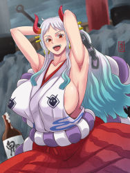 1girl aqua_hair areola_slip armpits breasts female_focus green_hair highres horns huge_breasts large_areolae large_breasts lips long_hair mikanberry multicolored_hair nipples one_piece open_mouth red_eyes sideboob weapon white_hair yamato_(one_piece)