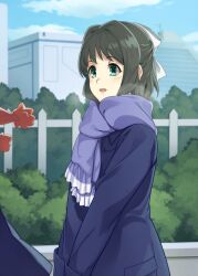 1girl 1other blue_eyes blue_scarf blue_sky building bush day hair_rings highres kohinata_miku long_sleeves medium_hair mokutan_mmmm scarf senki_zesshou_symphogear sky solo_focus tree