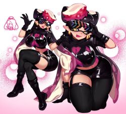 adjusting_eyewear artist_logo belt black_boots black_garter_straps black_gloves black_hair black_shirt black_shorts boots bow bow-shaped_hair breasts callie_(octo_idol_outfit)_(splatoon) callie_(splatoon) cleavage cowlick crop_top earrings eye_mask eyelashes fangs fish_(food) food food_on_head full_body garter_straps gloves gold_earrings gradient_hair hat hypnoshades_(splatoon) jewelry kneeling large_breasts leaning leaning_forward little123blood logo long_hair long_pointy_ears midriff multicolored_hair navel nintendo object_on_head octopus_hair_ornament octopus_sashimi octopus_tattoo official_alternate_costume open_mouth padded_shoulders pale_skin panties panty_straps pantyhose pink_leaf pink_panties pink_shiso_leaf pink_tattoo pointy_ears red_hat sashimi see-through_cleavage see-through_clothes shiny_clothes shirt shoes short_shorts short_sleeves shorts simple_background sitting smile spiked_waistband splatoon_(series) splatoon_2 spotted_hair star-shaped_pupils star_(symbol) stomach_tattoo studded_belt suction_cups sunglasses swept_bangs symbol-shaped_pupils tattoo tentacle_hair thighhighs thighs tongue tongue_out twintails two-tone_hair underwear very_long_hair w_arms wide_hips yellow_eyes yellow_pupils