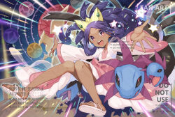 1girl ahoge child collarbone dark-skinned_female dark_skin dress eyelashes feet female_focus fingernails flat_chest foot_up full_body gen_5_pokemon hair_flaps happy hydreigon iris_(pokemon) knees knees_together_feet_apart kusuribe legs long_hair long_sleeves looking_at_viewer low-tied_long_hair neck nintendo official_alternate_costume official_alternate_hairstyle open_clothes open_hands open_mouth open_skirt outstretched_arms parted_bangs pink_dress pokemon pokemon_bw2 purple_hair red_eyes sandals shoe_soles sidelocks size_difference skirt star_(sky) star_(symbol) starry_sky_background tiara toenails toes v-neck very_long_hair watermark white_sandals wide_sleeves