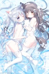 2girls animal_ear_fluff animal_ears ass blue_eyes blush brown_eyes brown_hair cat_ears cat_girl cat_tail dog dog_ears dog_girl dog_tail highres long_hair lying multiple_girls no_shoes on_side one-piece_swimsuit one_eye_closed original partially_submerged pink_hair shiratama_(shiratamaco) swimsuit tail thighhighs thighs twintails water wet white_one-piece_swimsuit white_thighhighs