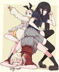 3girls ^_^ animal_ear_hairband animal_ears ankle_socks bangs_pinned_back black_hair black_hairband black_socks black_thighhighs blonde_hair blue_dress blue_eyes border brown_shoes closed_eyes dress fake_animal_ears grey_dress grin hair_ornament hair_ribbon hairband highres hood hoodie inoue_takina jack-o&#039;_challenge kurumi_(lycoris_recoil) loafers long_hair long_hoodie long_sleeves looking_at_viewer lycoris_recoil lycoris_uniform multiple_girls nishikigi_chisato one_eye_closed outside_border panyatteria purple_eyes rabbit_ear_hairband rabbit_ears red_dress red_ribbon ribbon shoes short_hair short_sleeves sitting sitting_on_person smile socks spread_legs thighhighs thighs top-down_bottom-up white_hoodie yellow_background yellow_border