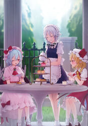 3girls ;o ^_^ absurdres apron ascot bat_wings black_ribbon black_shoes blonde_hair blue_hair blue_skirt blue_vest bobby_socks bow bow_skirt braid cake chair closed_eyes collared_shirt cup day fence flandre_scarlet food frilled_shirt_collar frills fruit green_ribbon grey_hair grin hair_ribbon hat hat_bow highres hiwokawa holding holding_cup holding_teapot izayoi_sakuya maid_headdress mary_janes medium_hair mob_cap multiple_girls neck_ribbon one_eye_closed open_mouth outdoors pink_hat pink_shirt pink_skirt plate pointy_ears puffy_short_sleeves puffy_sleeves red_ascot red_bow red_eyes red_shoes red_skirt red_vest remilia_scarlet ribbon scan shirt shoes short_hair short_sleeves side_braids sitting skirt smile socks standing strawberry teacup teapot third-party_source tiered_tray touhou vest waist_apron white_apron white_hat white_shirt white_socks wings wrist_cuffs yellow_ascot