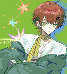 earrings green_background hair_between_eyes hair_ornament highres jacket jewelry long_sleeves looking_at_viewer male_focus necktie off_shoulder open_clothes open_jacket original qyzhiaiyisheng red_hair shirt short_hair simple_background star_(symbol) striped_necktie upper_body yellow_necktie
