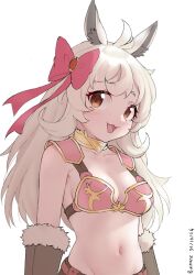 Rule 34 | 1girl, :d, absurdres, ahoge, animal ears, artist name, blush, bow, bra, breasts, brown eyes, commentary, dated, english commentary, fur-trimmed gloves, fur trim, gloves, highres, lima (princess connect!), long hair, navel, open mouth, pink bow, princess connect!, ruinone, small breasts, smile, solo, underwear, white background, white hair