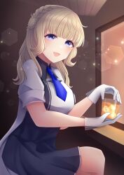 Rule 34 | 1girl, alcohol, bar (place), blonde hair, blue eyes, blue necktie, blush, braid, braided bun, breasts, commentary, dress, drinking straw, gloves, hair bun, highres, kantai collection, light brown hair, long hair, looking at viewer, medium breasts, nagi kantai114, necktie, open mouth, ranger (kancolle), side braids, sitting, smile, solo, white gloves