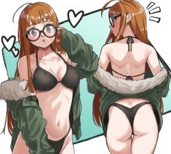 1girl :o ahoge ass back black_bra black_panties bra breasts brown_hair commentary english_commentary glasses green_jacket highres jacket looking_at_viewer looking_back medium_breasts multiple_views navel nico-mo orange_hair panties persona persona_5 purple_eyes sakura_futaba stomach underwear