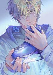 Rule 34 | 1boy, absurdres, akeuraji tsukasa, artist name, blonde hair, blood, copyright request, crying, crying with eyes open, highres, ice skates, jacket, male focus, medalist (manga), mona kanakana, shirt, simple background, skates, tears, white jacket, white shirt, yellow eyes, yodaka jun
