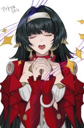 1girl absurdres astra_yao black_hair breasts cleavage dress earrings emiya_negi hairband highres jacket jewelry large_breasts long_hair looking_at_viewer necklace open_mouth red_jacket smile solo white_dress white_hairband zenless_zone_zero