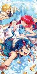 1girl 3boys aladdin_(magi) alibaba_saluja apple972 bad_id bad_pixiv_id barefoot blonde_hair blue_eyes blue_hair braid coin earrings feet gold_coin highres inzup jewelry long_hair looking_at_viewer magi_the_labyrinth_of_magic morgiana multiple_boys red_eyes red_hair short_hair side_ponytail single_braid soles turban uugo vest yellow_eyes