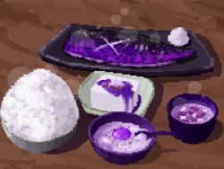bowl chili_pepper fish food food_focus fried_egg grated_daikon hisachan55cute miso_soup no_humans on_table original pixel_art rice_bowl salmon scenery simple_background soy_sauce spoon steaming_food table tofu wooden_table