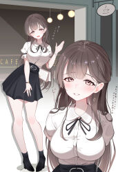 1girl absurdres bag black_ribbon black_shoes black_skirt blush breasts brown_eyes brown_hair commentary_request earrings handbag highres jewelry large_breasts leaning_to_the_side long_hair looking_at_viewer mole mole_under_eye multiple_views neck_ribbon open_mouth original pleated_skirt puffy_short_sleeves puffy_sleeves ribbon shirt shirt_tucked_in shoes short_sleeves sikimosh skirt smile white_shirt
