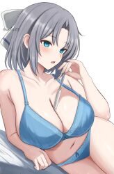 1girl artist_name blue_bra blue_eyes blue_panties blush bra breasts cleavage collarbone commentary_request folding_fan grey_hair hair_intakes hand_fan highres large_breasts lying on_side open_mouth panties senran_kagura short_hair solo surippa1010 thighs underwear underwear_only yumi_(senran_kagura)