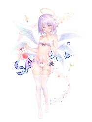 absurdres angel angel_wings blue_eyes blush bra feathered_wings flower hair_between_eyes hair_flower hair_ornament halo highres long_hair long_sleeves low_twintails maimai_(game) ohako_miyu panties shy solo swimsuit twintails underwear watermark white_wings wings yurisaki_mika_(maimai)