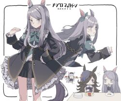 3girls animal_ears black_coat black_skirt carrot character_name closed_eyes closed_mouth coat commentary earrings flying_sweatdrops food frilled_coat frills gold_ship_(umamusume) hair_over_one_eye highres horse_ears horse_girl horse_tail jewelry long_hair long_sleeves mejiro_mcqueen_(umamusume) multiple_girls multiple_views omelet omochi_chowder omurice plate purple_eyes purple_hair rice_shower_(umamusume) school_uniform skirt solo_focus sweat symbol-only_commentary tail tracen_school_uniform umamusume white_background