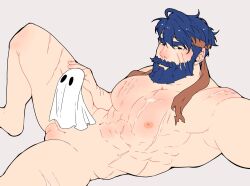 1boy abs aged_up bara beard blue_hair erection facial_hair fire_emblem fire_emblem:_radiant_dawn full_beard headband ike_(fire_emblem) large_pectorals male_focus multiple_scars muscular muscular_male nintendo nipples pectorals red_headband scar short_hair solo testicles variant_set wickedsturdy