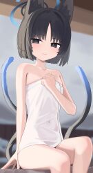 1girl absurdres animal_ears black_eyes black_hair blue_archive blunt_ends blush cat_ears cat_tail commentary_request covered_navel feet_out_of_frame flat_chest halo highres kikyou_(blue_archive) light_smile looking_at_viewer multiple_tails naked_towel rihitonn short_hair sitting solo tail towel