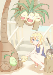 1girl x_mouth alolan_exeggutor alolan_form aluminum_bat bad_feet bad_id bad_pixiv_id bag barefoot black_hair blonde_hair blue_eyes blunt_bangs blush bread cardboard character_doll closed_mouth collarbone creatures_(company) day feeding flat_chest flower food game_freak gen_7_pokemon gochuumon_wa_usagi_desu_ka? hair_between_eyes hair_flower hair_ornament hetareeji highres holding holding_food kirima_syaro knees_together_feet_apart looking_at_viewer melon_bread nintendo one-piece_swimsuit outdoors pokemon pokemon_(creature) school_swimsuit shopping_bag short_hair sitting smile solid_oval_eyes squatting stairs swimsuit ujimatsu_chiya wavy_hair white_flower