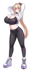 Rule 34 | 1girl, absurdres, arms up, black sports bra, blonde hair, blush, breasts, cleavage, collar, cropped jacket, full body, hair between eyes, highres, huge breasts, jacket, kubiwa (kutan), kutan, long hair, looking at viewer, navel, open clothes, open jacket, original, pants, ponytail, red collar, red eyes, solo, sports bra, sportswear, white background, yoga pants