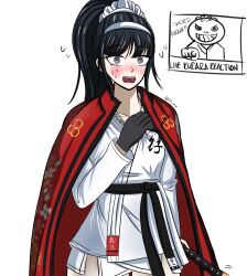 2girls black_gloves black_hair blush cloak english_text female_focus gloves grey_eyes hand_up holy_jumonji_sword japanese_clothes kris_pawz long_hair magadori_kyoshika mask mask_on_head multiple_girls oosuzuki_kurara open_mouth pointing ponytail simple_background solo_focus sweat sweatdrop teeth the_hundred_line_-last_defense_academy- tomato tongue upper_body white_background white_cloak