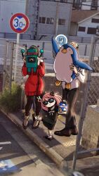 Rule 34 | 54kmlikeuniform, anya (spy x family), bag, black hair, blonde hair, chain-link fence, covering face, family, father and daughter, fence, food, google maps, google street view, high school girls posing for google street view (meme), highres, holding, holding bag, holding food, holding stuffed toy, long hair, long sleeves, looking at viewer, meme, mother and daughter, multiple girls, outdoors, overhead line, peanut, photo background, raised curb, road sign, shirt, short hair, sidewalk, sign, skirt, smile, spy x family, standing, standing on one leg, stuffed animal, stuffed penguin, stuffed toy, sunglasses, tactile paving, toy robot, twilight (spy x family), v, yor briar