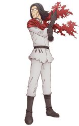 Rule 34 | 1boy, belt, black belt, black hair, boots, brown boots, brown gloves, closed mouth, facial hair, full body, glasses, gloves, isekai ojisan, jacket, long hair, long sleeves, looking back, oota kazuhiro, red scarf, scarf, shibazaki yousuke, simple background, solo, standing, transparent background, white jacket